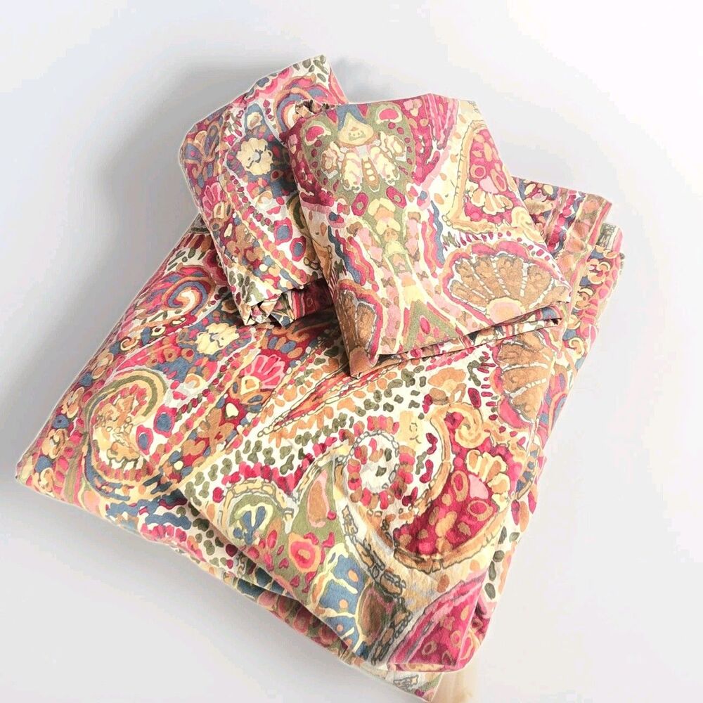 Vintage Pottery Barn Rosalie Floral Paisley Boho King Duvet & 2 Euro Sham Set